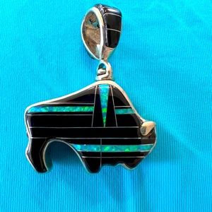 Sterling silver Buffalo micro inlay pendant. Navajo design
